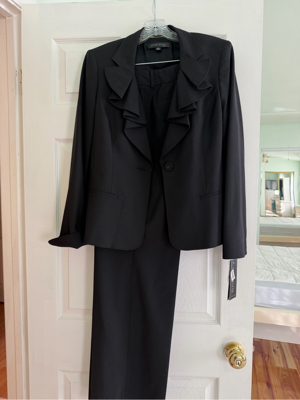 Anne Klein Black Ruffle Lapel Women's Blazer and Pants Suit